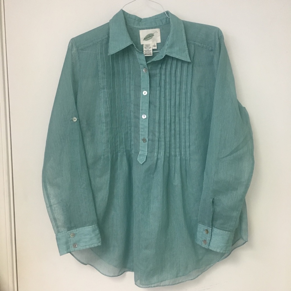 Nurture Teal & White Stripe Pleated Popover Top L